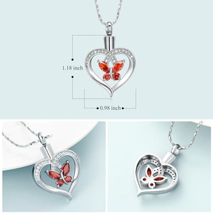 Imrsanl Butterfly Heart Pendant Cremation Urn Necklace for Women - color: Silver-Red