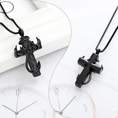 XSMZB Cross Cremation Jewelry Urn Necklace for Human Ashes Fish Hook Memorial Urn Pendant Deer Antler Cross Ashes Holder Keepsake Jewelry - color: Black