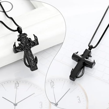 XSMZB Cross Cremation Jewelry Urn Necklace for Human Ashes Fish Hook Memorial Urn Pendant Deer Antler Cross Ashes Holder Keepsake Jewelry - color: Black