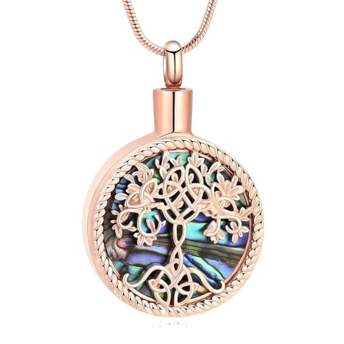 Hearbeingt Teardrop Urn Necklaces for Ashes Tree of Life Memorial Locket - color: Abalone Shell-Rose Gold