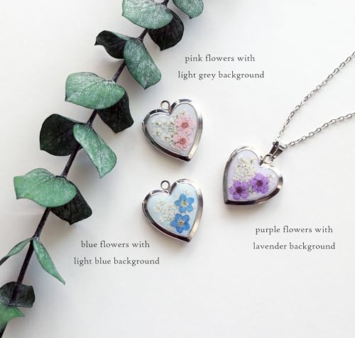 Handmade Heart Shaped Dried Pressed Forget Me Not Flower Photo Locket Pendant Necklace - color: Silver, style: customized