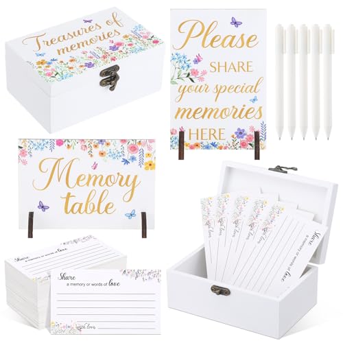 Gilprop 112 Pcs Celebration of Life Memory Cards Set Share a Memory Cards with Box 2 Wood Sign with 4 Hold and 5 Pens, Sympathy Memorial Gifts Funeral Keepsake Decorations(Wildflowers) - style: Wildflowers