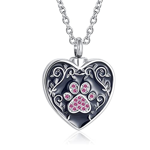Pet Dog Paw Print Urn Necklace for Ashes Cremation Jewelry Memorial Heart Urns Keepsake Pendant - style: Pink Pet Paw Print