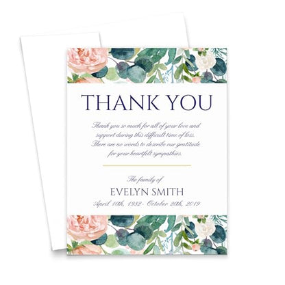 Elegant Florals Funeral Sympathy Thank You Cards With Envelopes, Personalized Celebration of Life Thank You Cards, Thank You Funeral Stationary, Your Choice of Quantity and Envelope Color - color: Blush and Teal