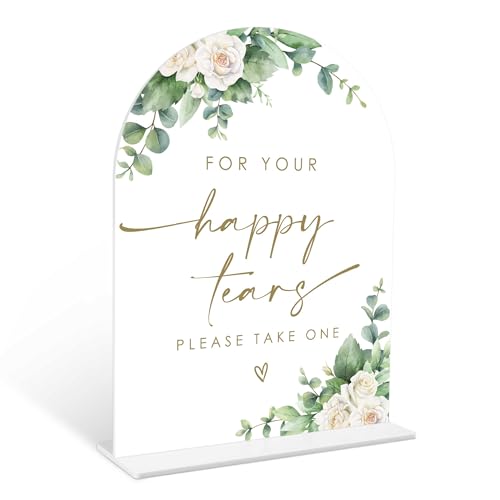 Eucalyptus Rose Happy Tears Tissue Sign, 6 x 8 Inch White Arch Acrylic Wedding Sign with Holder, Wedding Sign for Ceremony and Reception, Wedding Decoration, Wedding Supplies - AM25 - color: Rose Happy Tears Tissue, size: Eucalyptus 6X8IN