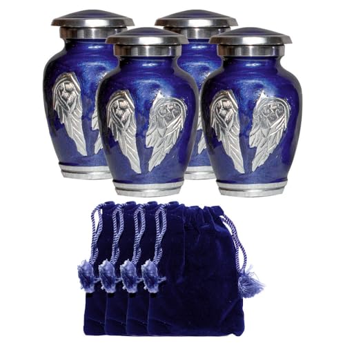Custom Engraved Angel Wings Funeral Cremation Urn with Velvet Bag (Royal Blue, Set of Four Small) - color: Royal Blue, size: Set of Four Small