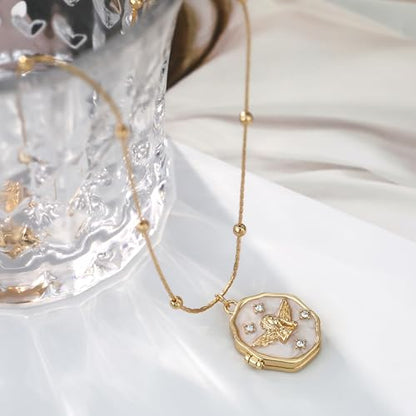 Gold Locket Necklace for Women Vintage, Oval Angel Shell Locket Pendant that Holds Picture Photo Memorial Necklace Personalized Protection Jewelry Birthday Gifts