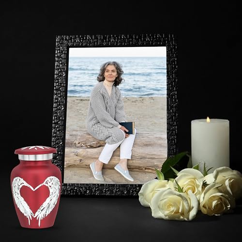 Angel Wings & Heart Cremation Urn (Red Shimmer, Large)' (Red Shimmer, Single - Miniatue) - color: Red
