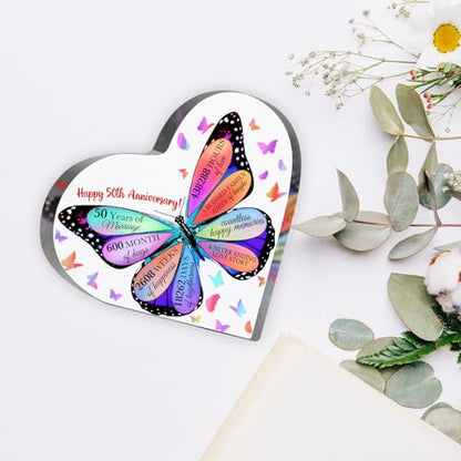 50th Anniversary Butterfly Acrylic Sign, 4" x 4" Heart-Shaped Decorative Sign for Him Her Couples, Gift, Special Occasions - style: 50th Anniversary