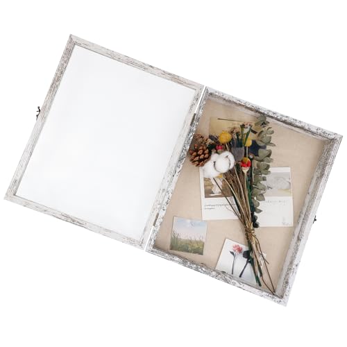 GraduatePro Shadow Box Frame 13X16 Display Case with Linen Back, Real Glass Window Door with Hinge, Picture Frame Wedding Bouquet Memorabilia Medals Photos Memory Box for Keepsakes Rustic White | Hinged Front Open Door with Tempered Glass, Linen Back with