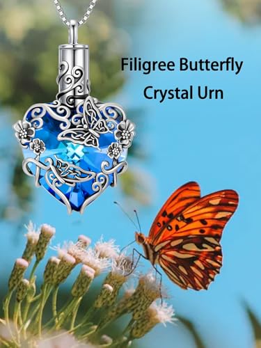 JKR Heart Urn Necklace for Ashes Crystal Keepsake Pendant Memorial Jewelry - style: Butterfly-Blue Heart