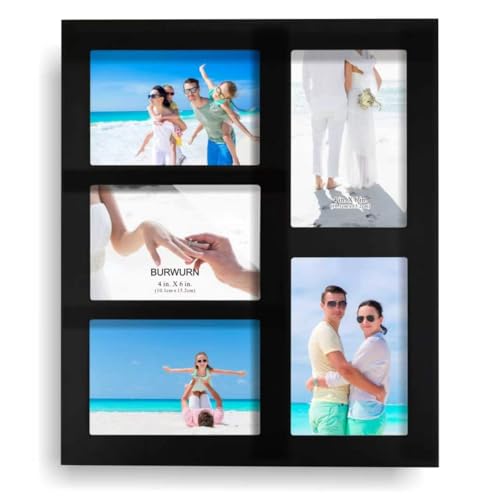 Hand-Painted Black Wood Multi Collage Frame, 5 Openings for 4x6 - color: Black-5, size: 5 4X6