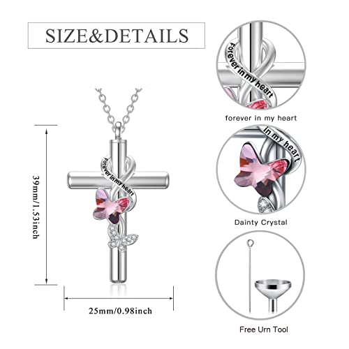 Cross Urn Necklace for Ashes 925 Sterling Silver Cremation Jewelry with Funnel Filler Kit Ashes Necklace for Human Women Girl Pets - color: A_Pink Butterfly Urn Necklace, style: Non-personalized