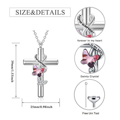 Cross Urn Necklace for Ashes 925 Sterling Silver Cremation Jewelry with Funnel Filler Kit Ashes Necklace for Human Women Girl Pets - color: A_Pink Butterfly Urn Necklace, style: Non-personalized