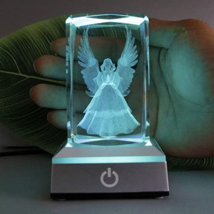 3D Laser Crystal Guardian Angel Figurines with Night Light Stand Base - 3D Engraving Crystal Guardian Angel Light Gift - color: Angel