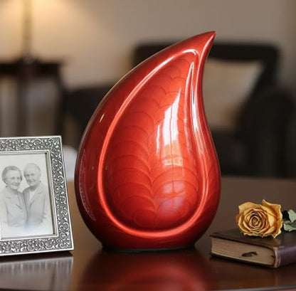 eSplanade Metal Cremation Urn Memorial Jar Pot Container | Full Size Embossed Urn for Ashes Funeral Burial | Teardrop Metal Urns | Red Fire - 10" Inches