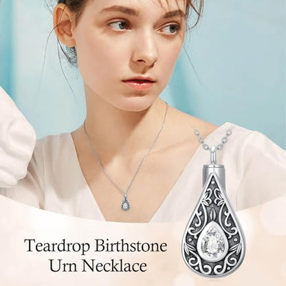 Teardrop Urn Necklace for Ashes Filigree Birthstone Keepsake Pendant Cremation Jewelry for Ashes Memorial Jewelry Gifts for Loss of a Loved One for Women - style: Apri-Diamond