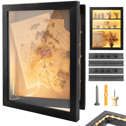 Shadow Box 14x11 Black Picture Frames Display Cases with LED Light,Memory Keepsakes Boxes with 4 Removable Trinket Shelf,for Anniversary Wedding Baby Graduates Memorial Collect-Distressed Retro - color: Black