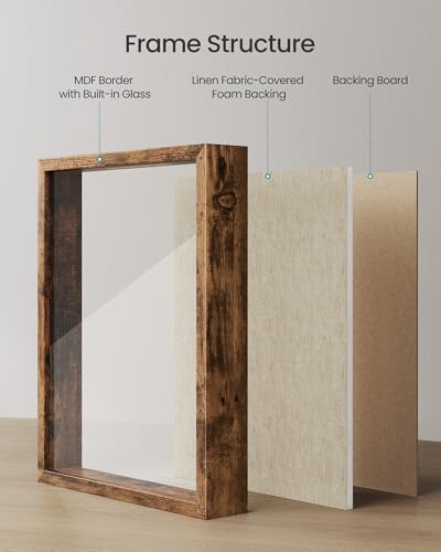 SONGMICS 11x14 Shadow Box Frame, Top Loading Display Case Frame , Glass Front with Top Slot and Push Pins, Linen Fabric Backing for DIY Craft, Gift Idea,Rustic Brown URPF009KD01 - color: Rustic Brown, size: 11 x 14"