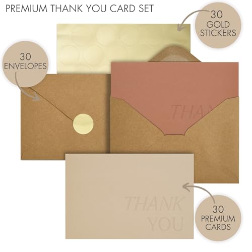 ZICOTO Beautiful Thank You Cards Set of 30 With Envelopes and Stickers | Elegant Blank Cards for Personalized Notes - Bulk Stationary Set for All Occasions Incl. Weddings, Business & Baby Showers - color: Terracotta