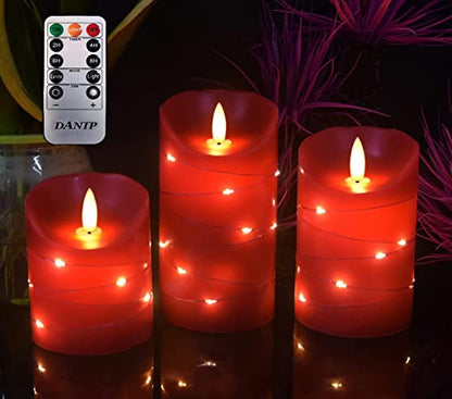 danip red LED flameless Candle with Embedded Star String, 3-Piece Set of LED Candles, with 11 Button Remote Control, 24-Hour Timer Function, Dancing Flames, Real Wax, Battery Powered. (Red) - color: redX#1*3N#1*3
