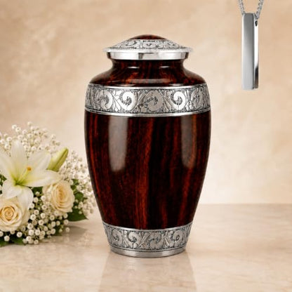 Set of 2 Wood-Grain Urn for Adult Human Ashes Adult Male & Female – Includes 1 Large Hand-Engraved Adult Urn with 1 Memorial Necklace - color: Wooden Grain - Single Urn