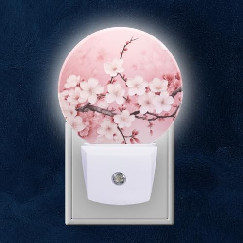 Round LED Night Lights Lamp with Dusk to Dawn Sensor, Delicate Pink Background with Cherry Blossoms Night Light Plug Into Wall for Kids Room, Bedroom, Bathroom, Kitchen, Hallway - color: Delicate Pink Background with Cherry Blossoms, size: Small