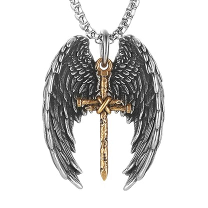 HZMAN Angel Wing Necklace for Men Women Stainless Steel Gothic Punk Angel Wing Cross/Angel Pendant Faith Amulet Jewelry Gift - color: Cross