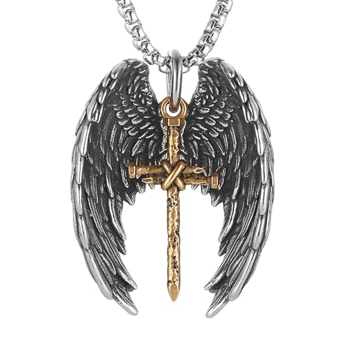 HZMAN Angel Wing Necklace for Men Women Stainless Steel Gothic Punk Angel Wing Cross/Angel Pendant Faith Amulet Jewelry Gift - color: Cross