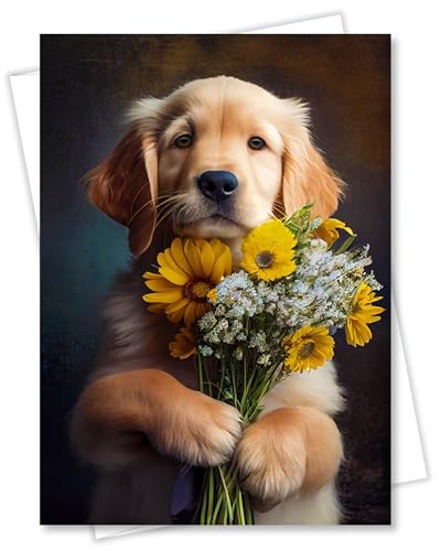 Golden Retriever with Flowers All Occasions Greeting Card - Dog with Flowers from Unique Dogs Party Delights Collection - Large 5x7 Inch - Blank Inside with White Envelope - color: Golden Retriever with Flowers