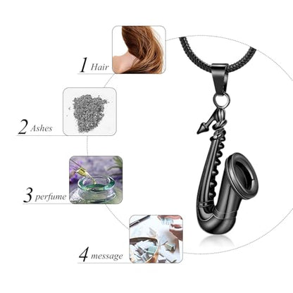 memorial jewelry Music Urn Saxophone Horn Chain Necklace Cremation Ash Keepsake Pendant - color: Black