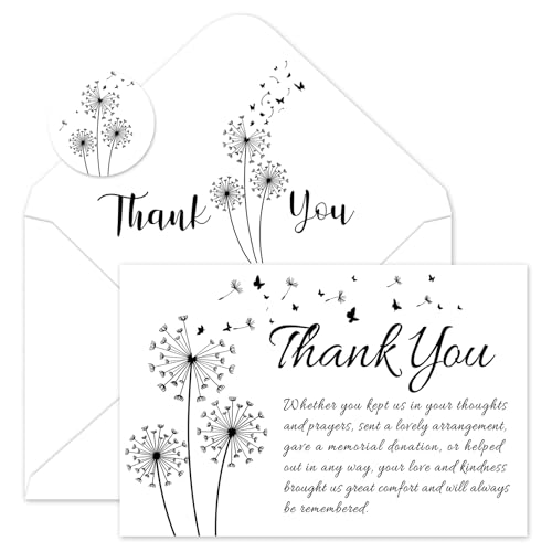 FYSUIMU 50Pcs Funeral Thank You Cards Bulk Boxed Black Dandelion Sympathy Thank You Cards with Sticker Envelope Bereavement Card for Memorial Service Loved Ones Celebration of Life - style: Dandelion