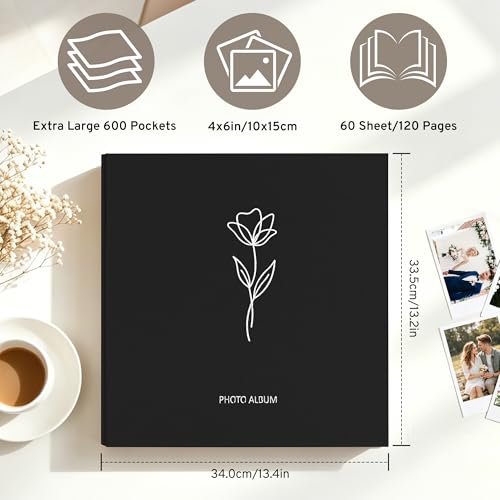 DazSpirit 4x6 Photo Album, 600 Photos, Large Capacity, Linen Hardcover | Black Floral Photo Book, Acid-Free Slip-In Pages, Memory Album for Wedding, Baby, Anniversary, Travel and Family Photos - color: Black