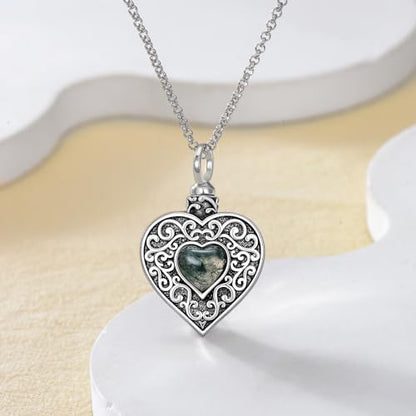 Rose & Daisy Urn Necklace - Sterling Silver Cremation Keepsake Memorial Jewelry - style: Heart Urn Necklace-Moss Agate