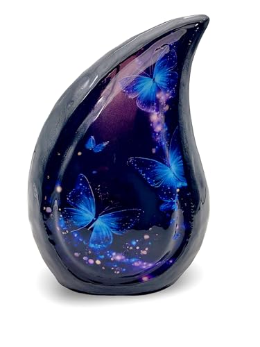 Teardrop Cremation Urn for Human Ashes, Hand Painted Blue Butterfly Galaxy Design, 6 Inch, with Velvet Bag