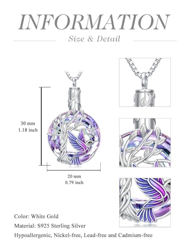 TOUPOP Butterfly Necklace for Women 925 Sterling Silver Tree of Life Butterflies Dragonfly Hummingbird Pendant Necklaces Crystal Jewelry Anniversary Christmas Birthday Gift for Her - color: Hummingbird Purple - Urn