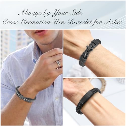 abooxiu Urn Bracelet for Ashes Leather Cremation Bracelet for Human Ashes Stainless Steel Ash Bracelets Memorial Cremation Jewelry Keepsake Bangle for Men - style: Custom-Black Cross