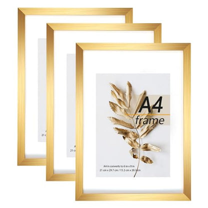 A4 Picture Frame Gold 3 Pcs set can Display 6x8 Picture with Mat or A4 Without Mat on the Wall - color: Gold, size: A4-3Pack