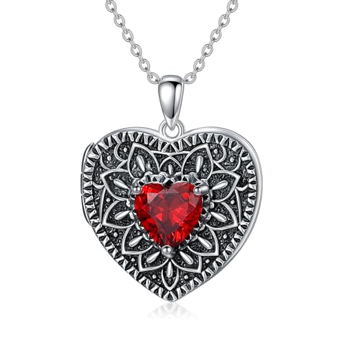 Heart Photo Locket Necklace 925 Sterling Silver Birthstone Gemstone That Holds 2 Pictures Locket Necklace Jewelry Gifts for Mother Women Mom Mother's Day Christmas Birthday - style: 01-Jan-Garnet