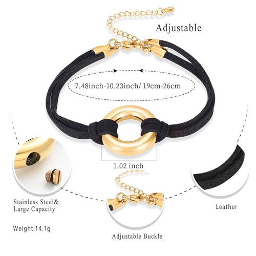 Oinsi Circle Of Life Cremation Jewelry Black Genuine Leather Memorial Urn Bracelet For Ashes Of Loved One Keepsake Holder For Women Men - color: Gold