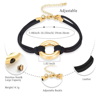 Oinsi Circle Of Life Cremation Jewelry Black Genuine Leather Memorial Urn Bracelet For Ashes Of Loved One Keepsake Holder For Women Men - color: Gold