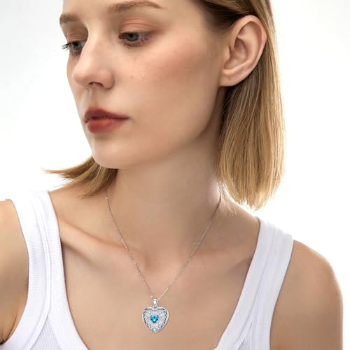 Heart Locket Necklace 925 Sterling Silver Personalized Picture Locket Pendant Birthday Christmas Jewelry Memorial Gifts for Women - color: December Crystal Locket