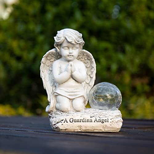 Angel Decor Praying Cherubs Statue, Garden Decor with Solar Crackle Glass Globe for Lawn Patio Decorations - style: Modern