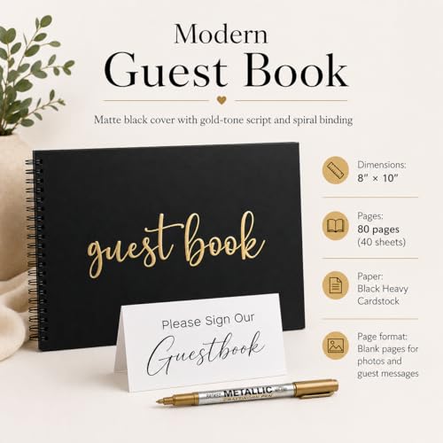 Paper 'n Such Graduation Party Black Guest Book with Blank Pages for Polaroid Pictures, Funeral, Wedding Reception, Birthday, Bridal or Baby Shower, Vacation House Guestbook -Spiral Hardcover