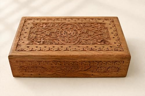 Hand Carved Wooden Memory Box – Decorative Wooden Keepsake Storage Box for Jewelry, Watches, Coins & Trinkets, Multipurpose Treasure Chest Organizer, Gift Box, 10 x 6 Inch - color: Design 14