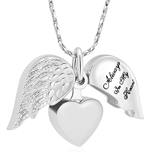 Imrsanl Cremation Jewelry for Ashes Heart Urn Necklace Pendants Ashes for Women Men Family Keepsake Memorial Angel Wing with Charm Heart for Loved Ones - color: Silver