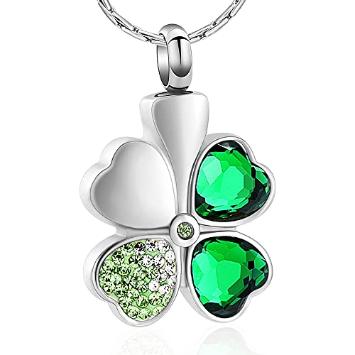 constantlife Cremation Jewelry Memorial Urn Necklace for Ashes Lucky Four-Leaf Clover Design Stainless Steel Pendant Keepsake - color: Silver+Dark Green