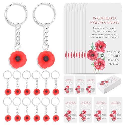 50 Sets Memorial Day Favors for Guests Bulk Remembrance Poppy Keychains with Seed Packets Celebration of Life Keepsakes