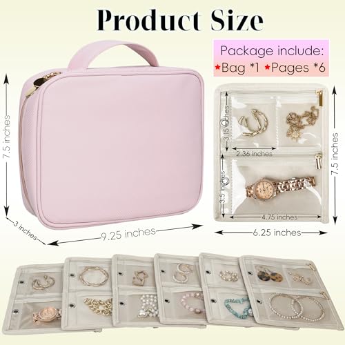 Travel Jewelry Organizer Case,Small Jewelry Bags Jewelry Storage Book Binder with Clear Zipper Velvet Pouch for Traveling,Earrings, Rings, Necklace, Bracelet (Pink) - color: Pink