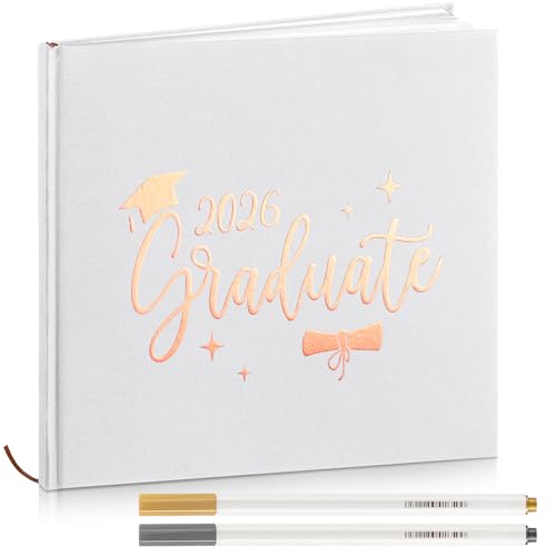 2026 Graduation Guest Book 8.7'' x 8.7" with 2 Markers Graduate Scrapbook Class of 2026 Picture Book Hardcover Rose Gold Foiled Photo Album for Graduation Party Supply Graduate Gifts 144 Pages - color: White, style: Graduate